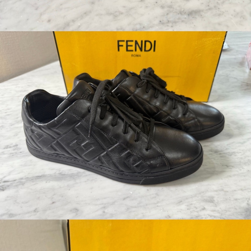 FENDI Black leather embossed Sneakers Men 7 extra laces dustbags W10